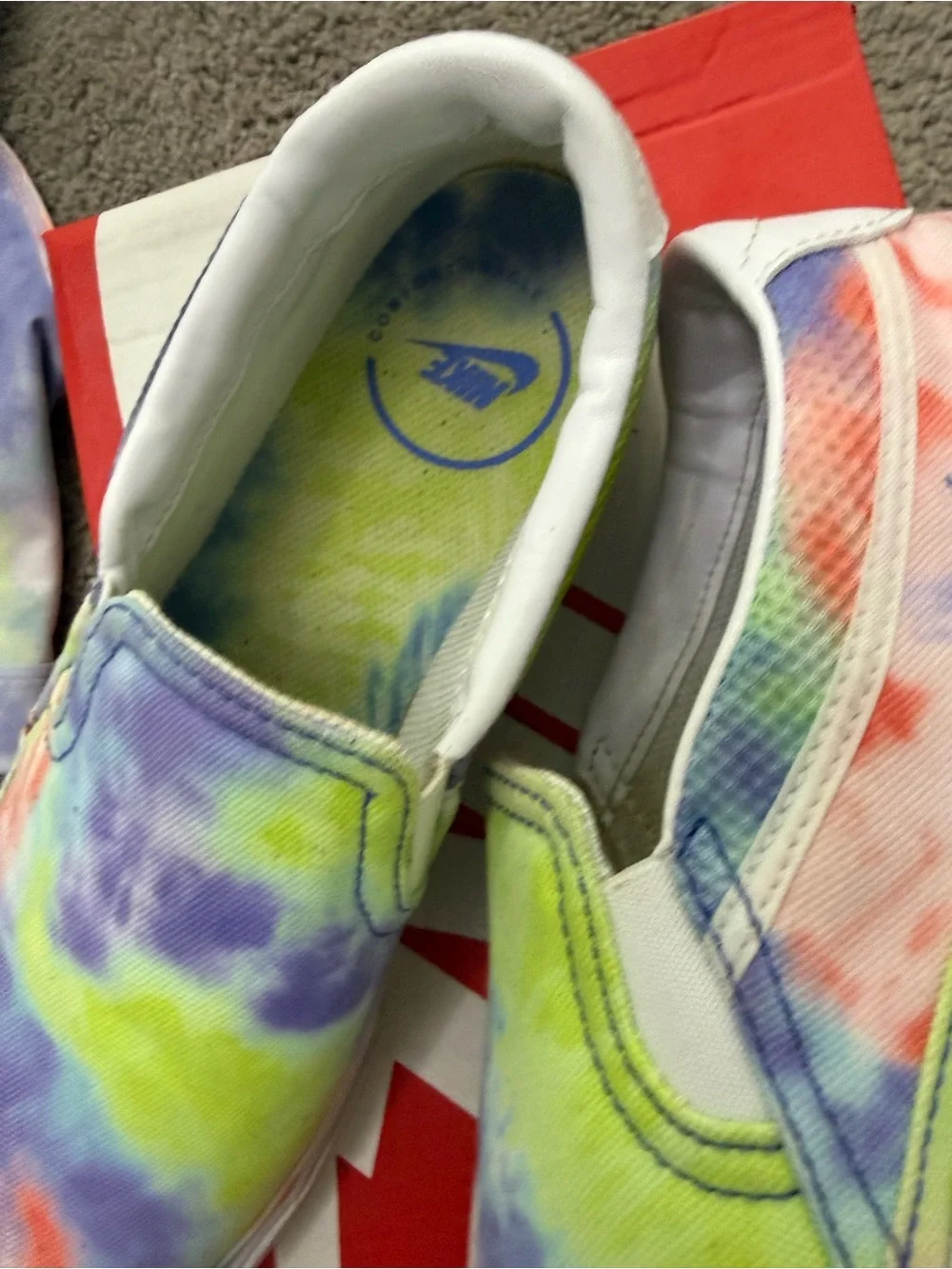 Womens Nike Sz 7.5 Tie-Dye Slip-On Shoes- Lime, Purple, Pink
